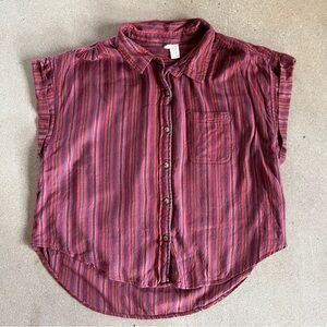 Japna Women’s Short Sleeve Muscle Button Down Red Striped Shirt